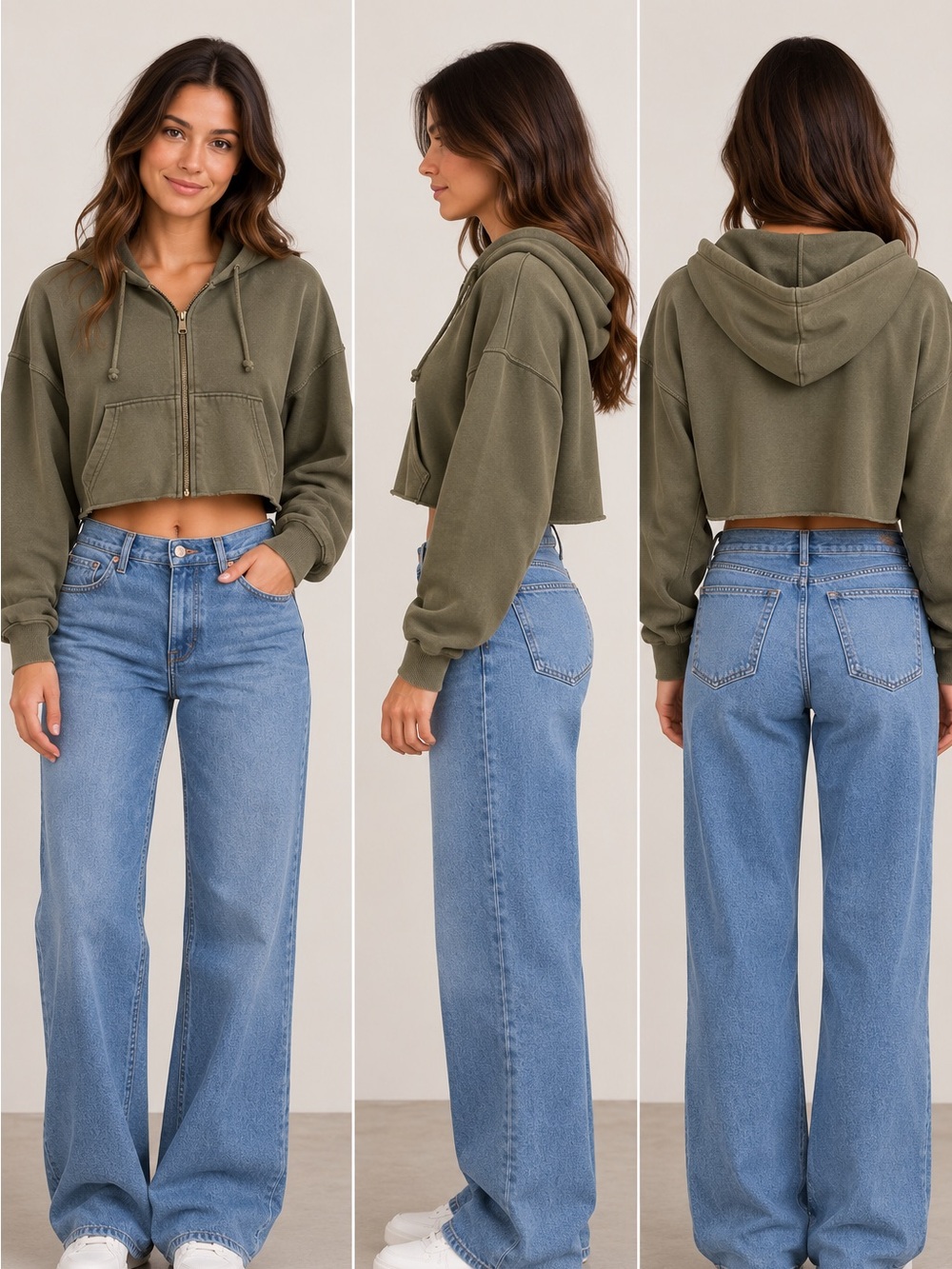 Women's Olive Cropped Zip Hoodie - Brand